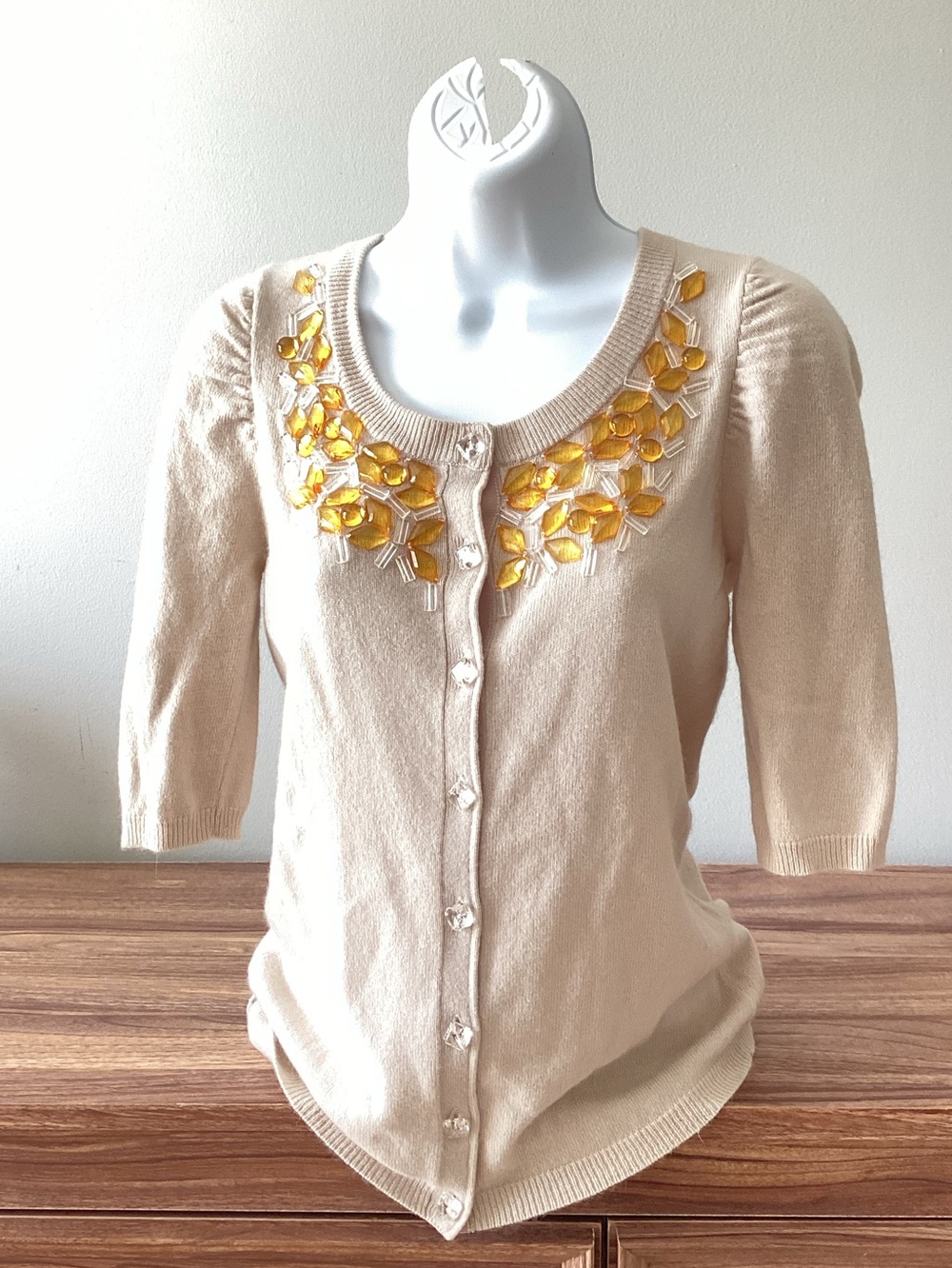 Y2K Rebecca Taylor Bling Cream Cashmere Cropped Puff Sleeve Cardigan Sweater S